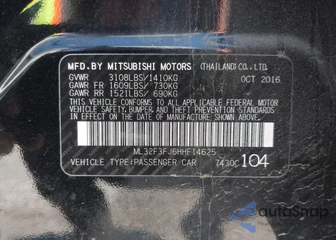 2017 Mitsubishi Mirage G4 Es from USA, damaged, VIN ML32F3FJ6HHF14625